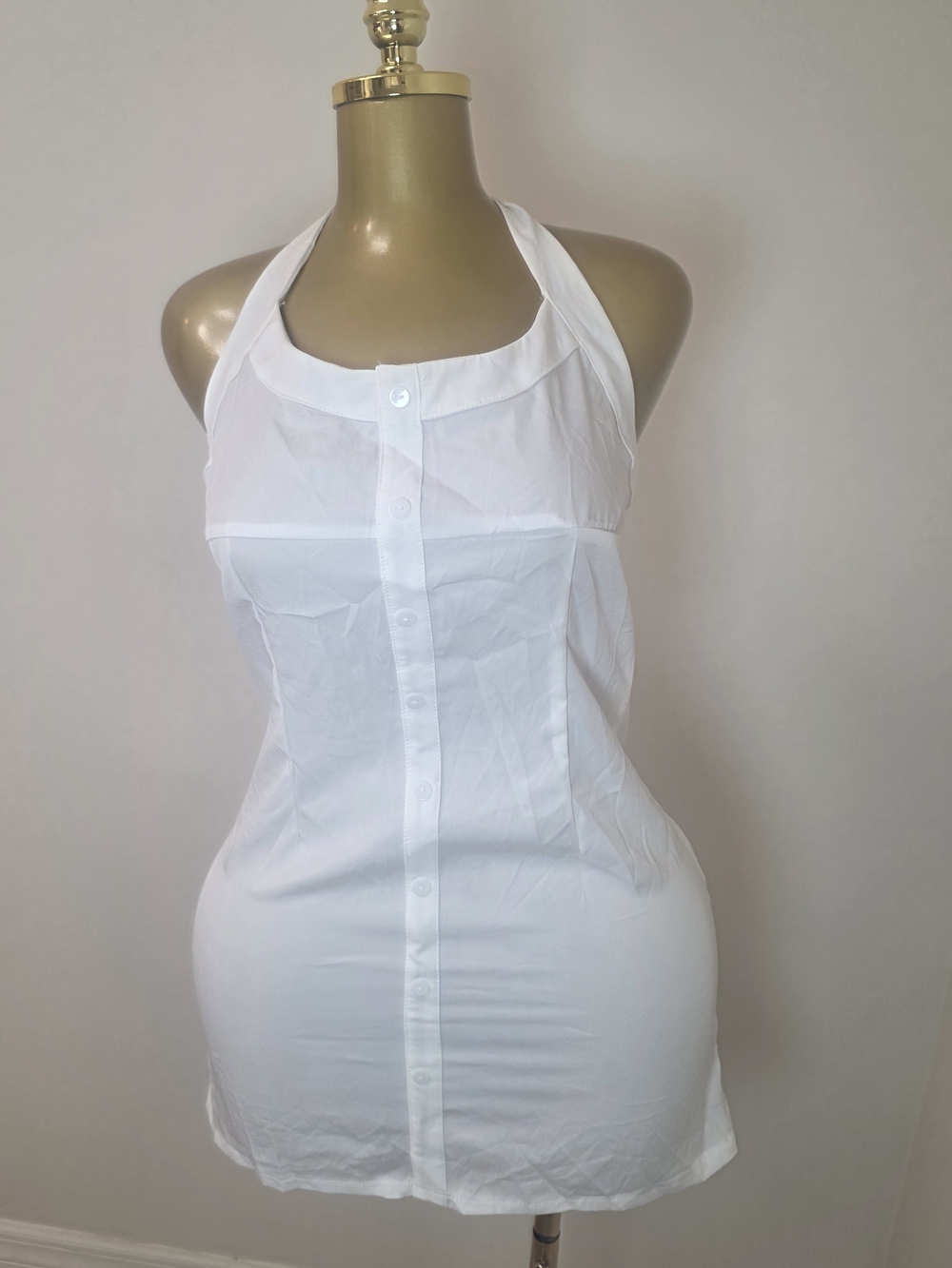 Women's White Halter Button-Front Mini Dress - Size M